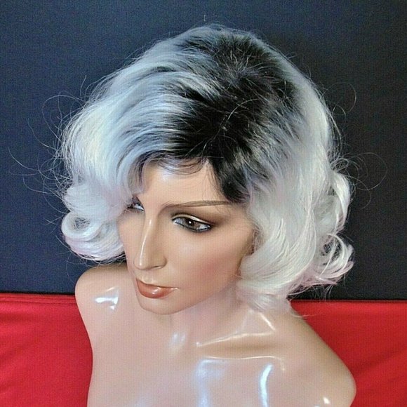 New Short Black & White Ombre Curly Wig main image 12
